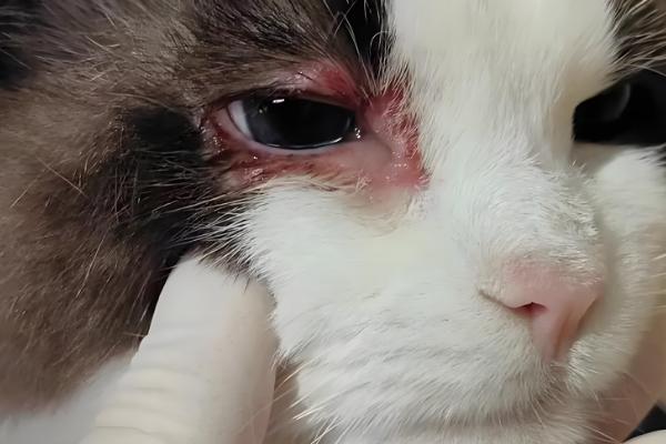猫咪的眼睛红肿睁不开的原因，可能是受到异物刺激所致
